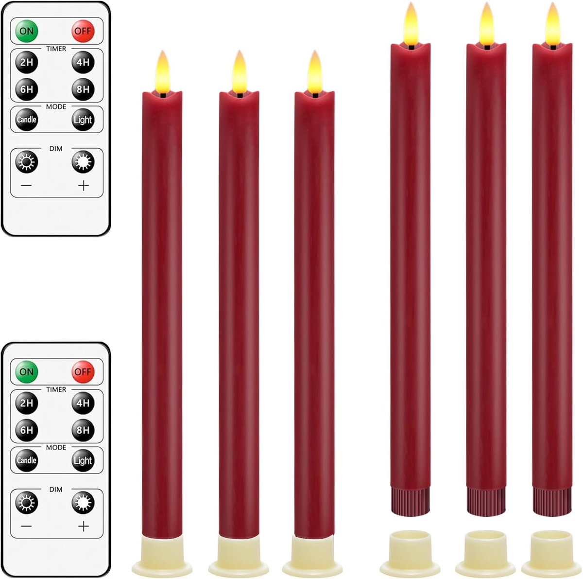 Taper Kaarsen Flickeren, [Set van 6] Real Wax Warm Fire 3D-Wick Vlamloze Kandelaars, Home Eettafel Decor LED Kaarsen met Afstandsbediening en Timer - Rood