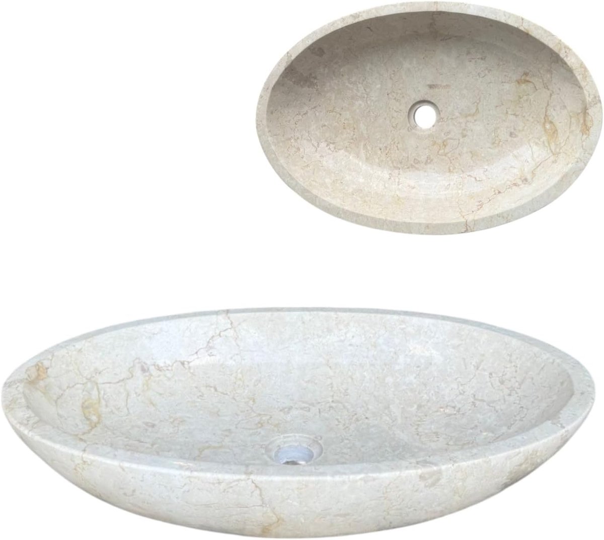 marmer ovaal 40x30 of 60x40 cm – Crème, grijs of zwart – Massieve natuurstenen wasbak voor badkamer of toilet – Handgemaakte waskom van marmer (Crème, 60x40cm)