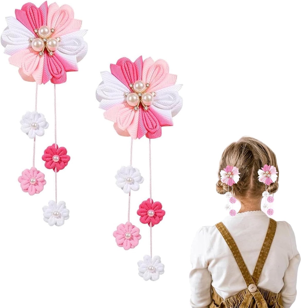 Haarstrikken voor meisjes, bloemen-haaraccessoires voor meisjes, ripsbandstrikken met krokodillenklemmen, haaraccessoires voor kinderen (roze)