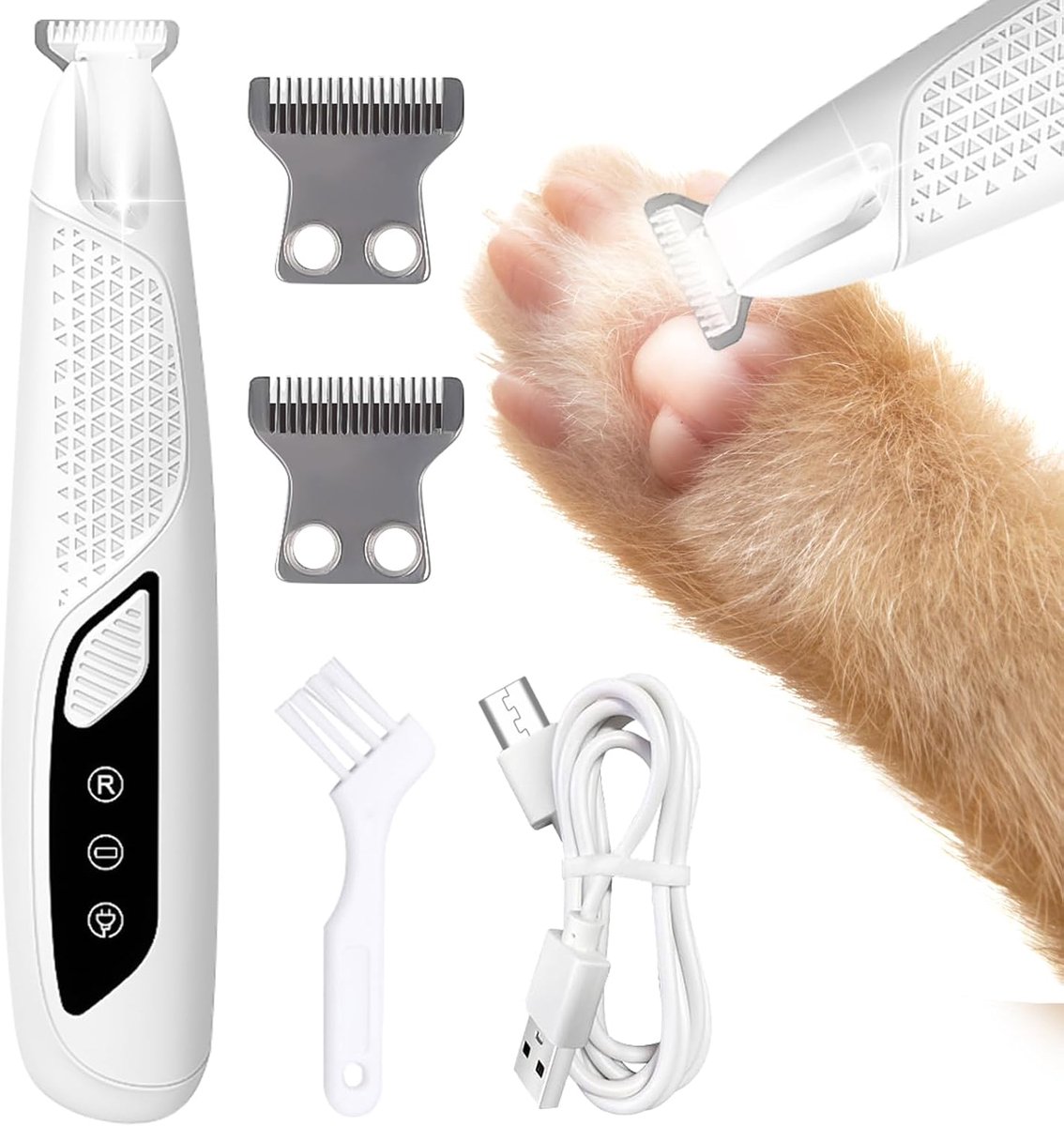 Poottrimmer voor honden en katten met ledlicht, stille dierenhaartrimmer, oplaadbaar, waterdicht met 2 scheerkoppen voor poten, gezicht en oren van katten, kleine dieren en honden