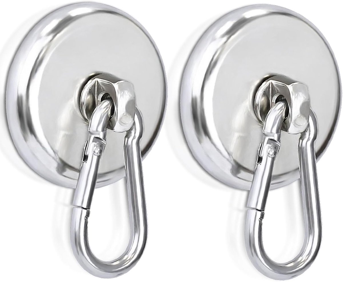 2 stuks magneethaken, extra sterk, 42 mm, neodymium magneet met karabijnhaak, houdt 50 kg, 360 graden draaibare magneethaak, voor keuken, camping, garage, kantoor, koelkastmagneet