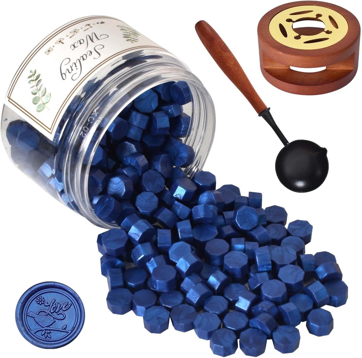 Kralen Set, 200 Stuks Metallic Kleur Lakzegel met Warmer en Lepel, Verzegelwas DIY voor Stempel, Brieven, Enveloppen, Uitnodigingen, Kaarten, Cadeauverpakking (Blauw)