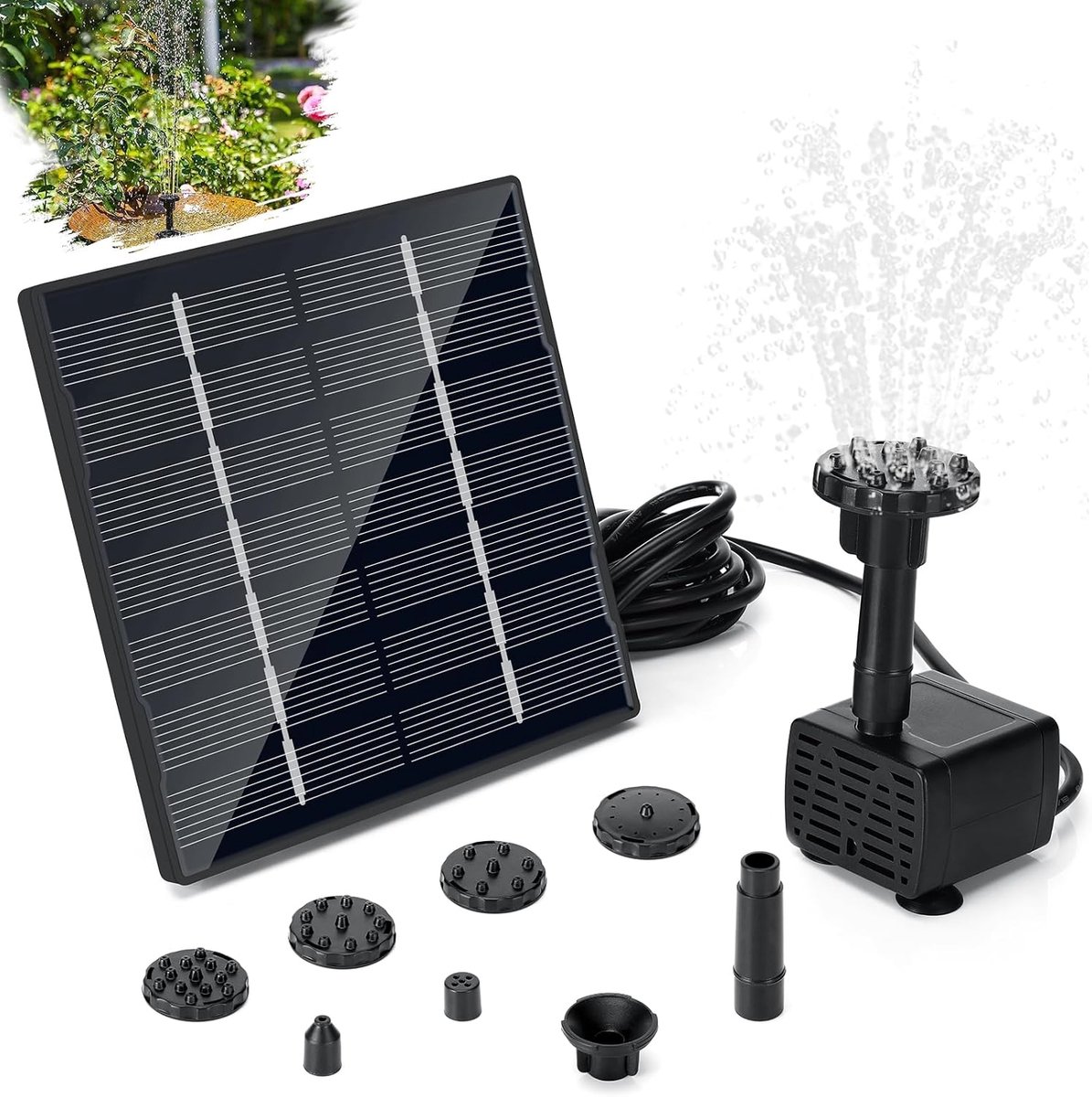Pomp op zonne-energie voor fontein, fontein op zonne-energie, 1,5 W, waterpomp met 3 m buizen, 6 kolibrische sproeiers, voor tuin, badkamer voor vogels, container voor vissen, vijver