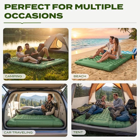 Campingslaapmat met Kussen, Waterdicht en scheurbestendig 50D nylon XXL Luchtmatras met ingebouwde voetpomp, Olijfgroen, 196x135x12cm — afbeelding 4