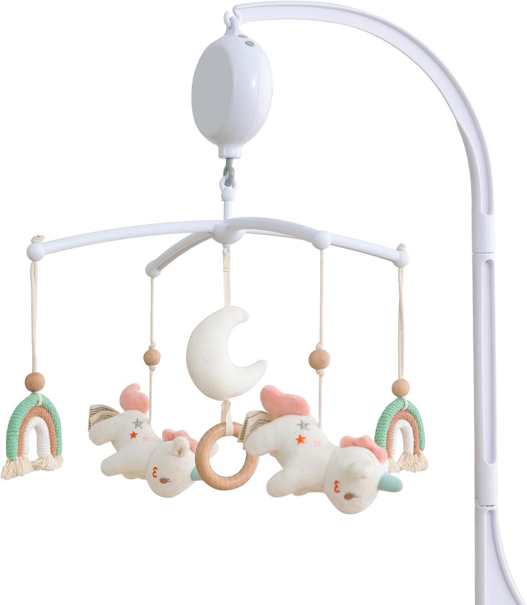Mobiele babymuziekdoos met 35 muziek, instelbaar volume, eenvoudig aan te brengen, stopt automatisch na 30 minuten, perfect cadeau voor jongens en meisjes (regenboog) (witte eenhoorn)