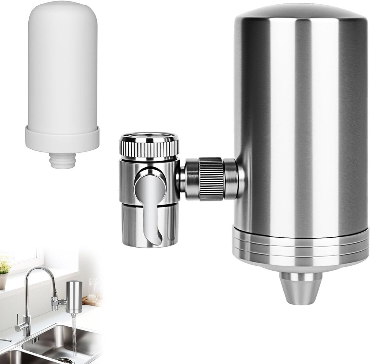 installatievrije waterreiniger van roestvrij staal voor huishoudelijke waterkranen, filterkraan incl. verwijdert chloor en reiniging van het water (1 filter inbegrepen)