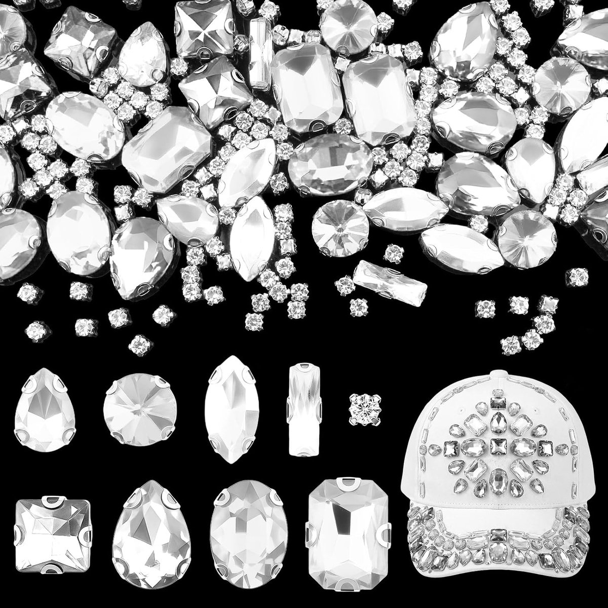 240 stuks strass-steentjes om op te naaien, glitterstenen om te naaien, met platte achterkant, in gemengde vormen, voor doe-het-zelf knutselen, kleding, schoenen, kostuums en trouwjurk (helder wit)