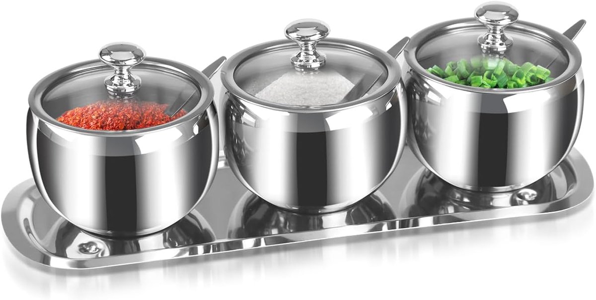 3 roosters 10 oz roestvrijstalen suikerpot met lepel deksel bakje, zilveren zoutkruidencontainerdispenserset, suikerpot houder schotel voor koffiebar, opslag, kruiden keuken aanrecht (zilver)