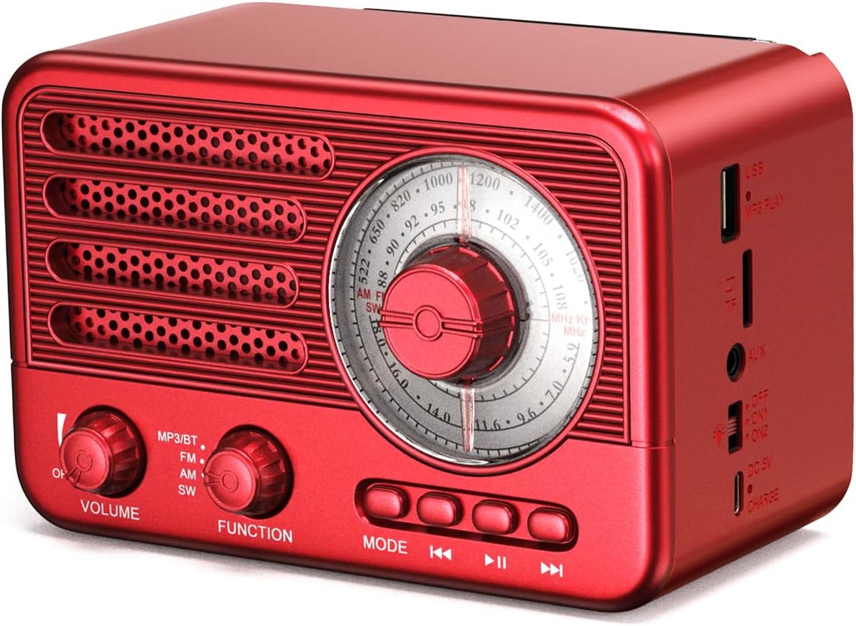 retro radio AM FM SW DAB TF AUX MP3 rood | Draagbare vintage radio met oplaadbare batterij met AM/FM/SW/DAB+ ontvangst. Ondersteunt MP3-afspelen via USB, TF en AUX.