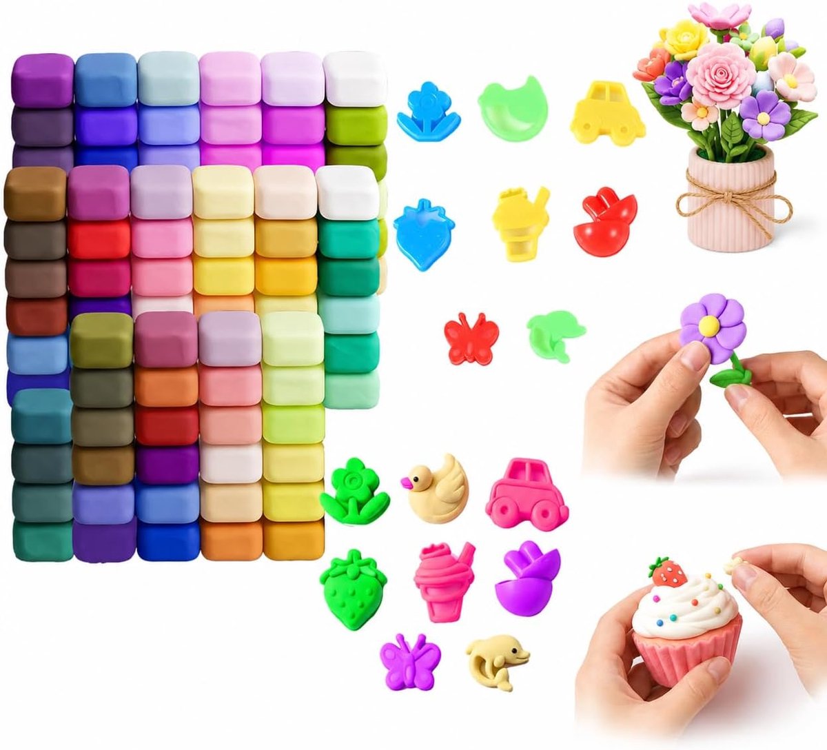 100-kleuren modelleermassaset voor kinderen, luchtdrogende magische klei, inclusief 8 vormen in bloemen en vlinders, ideaal als creatief DIY-cadeau