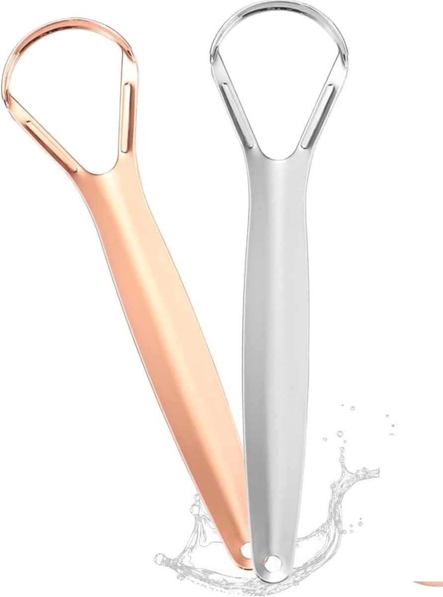 Tongschraper, 2 herbruikbare tongschrapers van roestvrij staal, gemakkelijk te reinigen, ideaal om slechte adem te verminderen en de adem onmiddellijk te verfrissen, zilver + roségoud