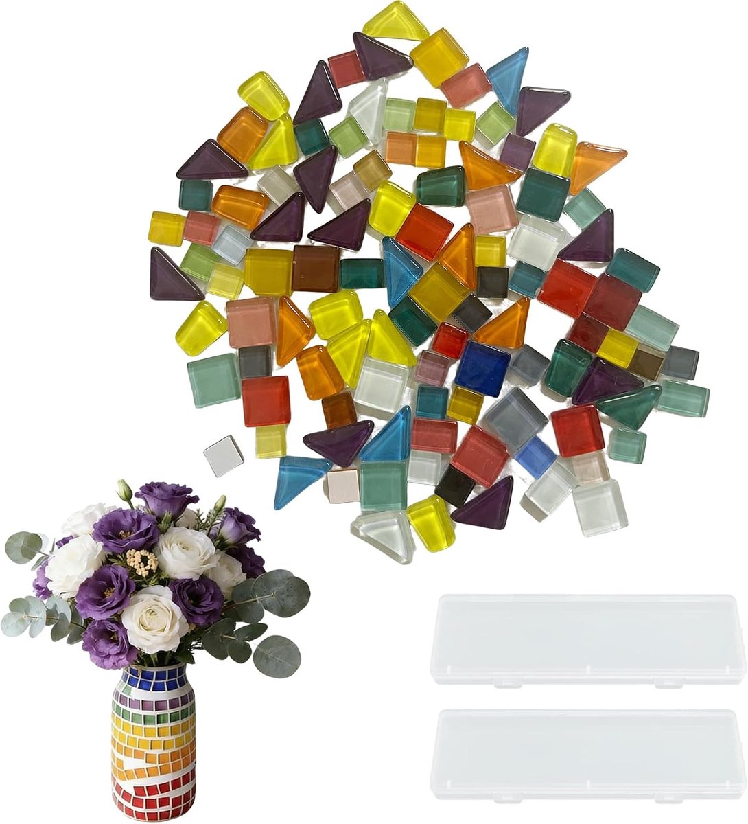 Mosaieksteentjes voor knutselen, 400 g gekleurd glasmozaïek steenband met twee transparante 20 * 7 cm dozen Mini mozaïektegels voor handwerk voor badkamer, keuken, huisdecoratie, DIY-kunstprojecten