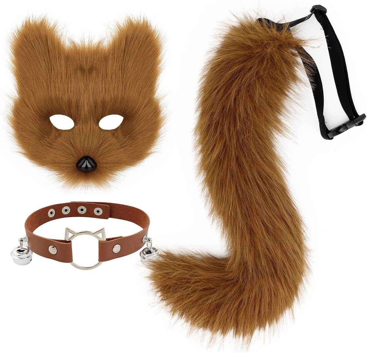 SnelShoppen - Set met Vossenmasker van Nepbont, Wolvenstaart en Leren Halsketting voor Cosplay, Feest, Verkleedpartijen, Halloween, Halloween Kostuuma