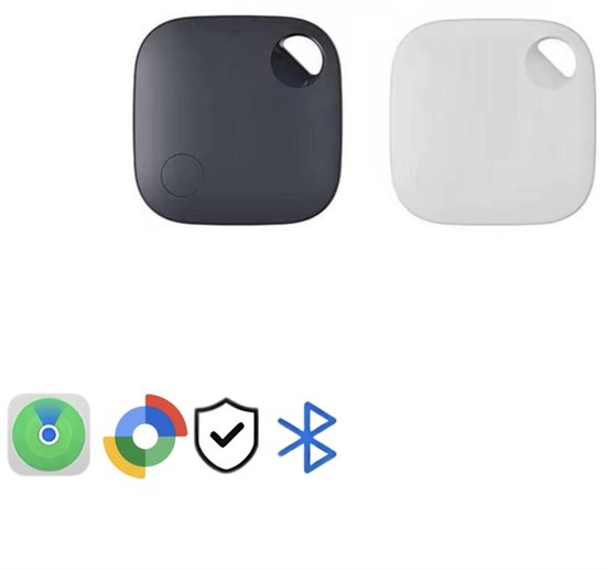 Donkere en witte vierkante trackers met ronde hoeken. Iconen: gps, google, vinkje, bluetooth.