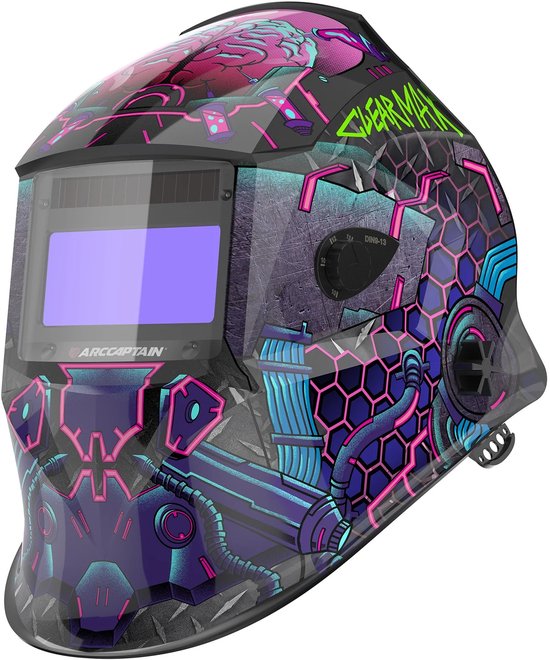 Zwarte lashelm met een levendig, futuristisch cyber-punk design in paars, groen en roze. Gedetailleerd met mechanische en hexagonale patronen.