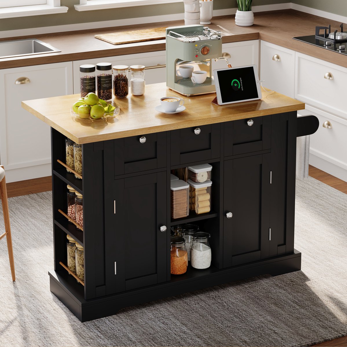 MEUNIQ mobiele keukentafel 132 x 40/70 x 87 cm met opklapbaar werkblad, 3 lades, 2 kastvakken, open rekken, handdoekenrek, stopcontact, USB en 4 wielen
