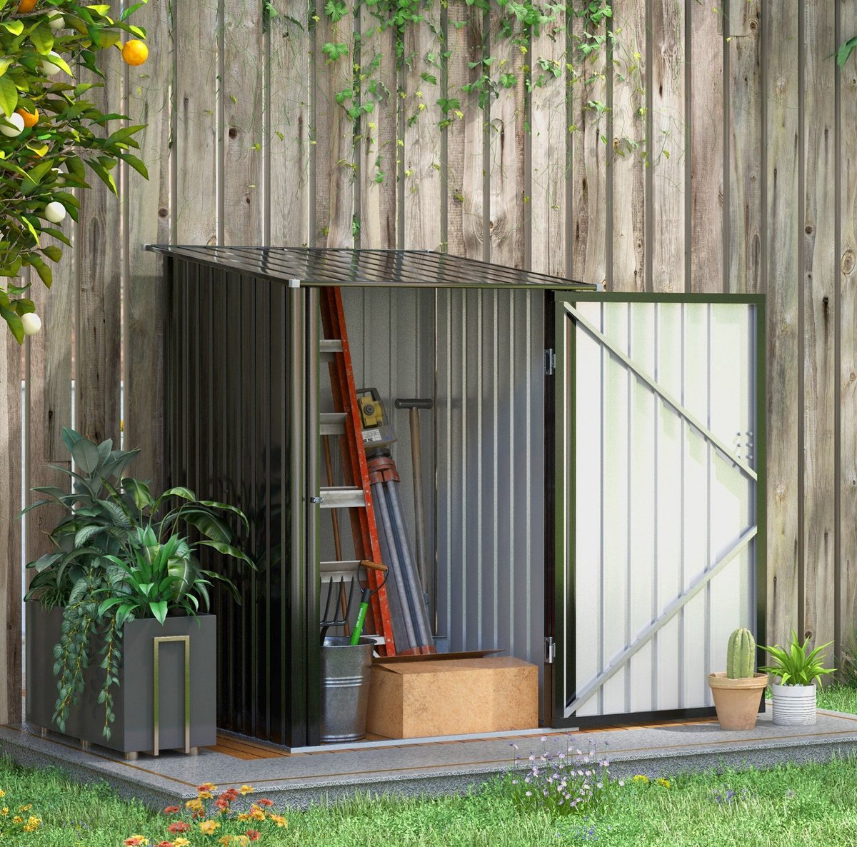 MEUNIQ Gereedschapsschuur 100 x 103 x 160 cm van verzinkt staal met lessenaarsdak en afsluitbare deur, 0,92 m² tuinschuur voor tuinopslag, donkergrijs
