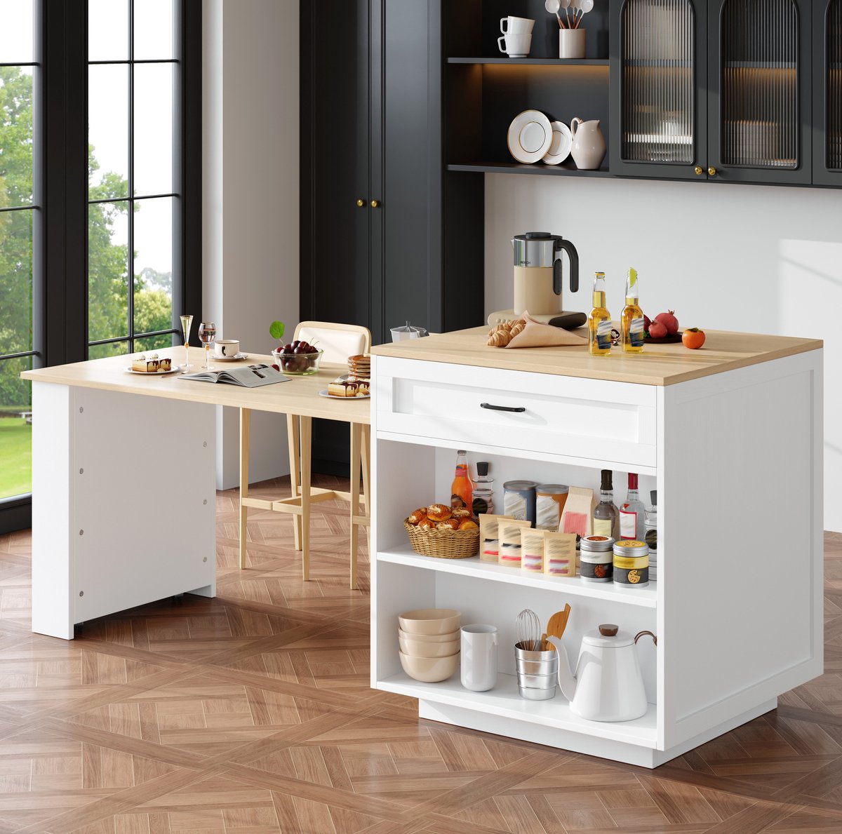 MEUNIQ Uitschuifbare bartafel 133-202 x 70 x 93,5 cm met opbergruimte, lade en open vakken, keukeneiland en eettafel voor keuken of eetruimte, wit