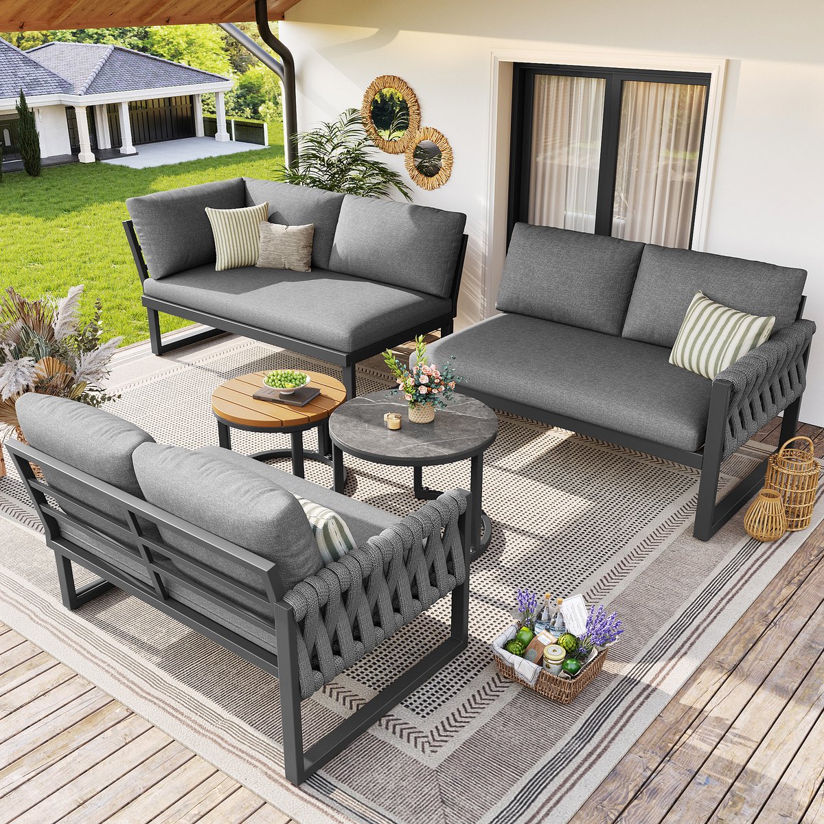 Tuinset met verstelbare poten, waterafstotende & afneembare kussens, tuinloungeset voor 5-6 personen, modulair voor balkon tuin terras, inclusief alle zit- en rugkussens, grijs