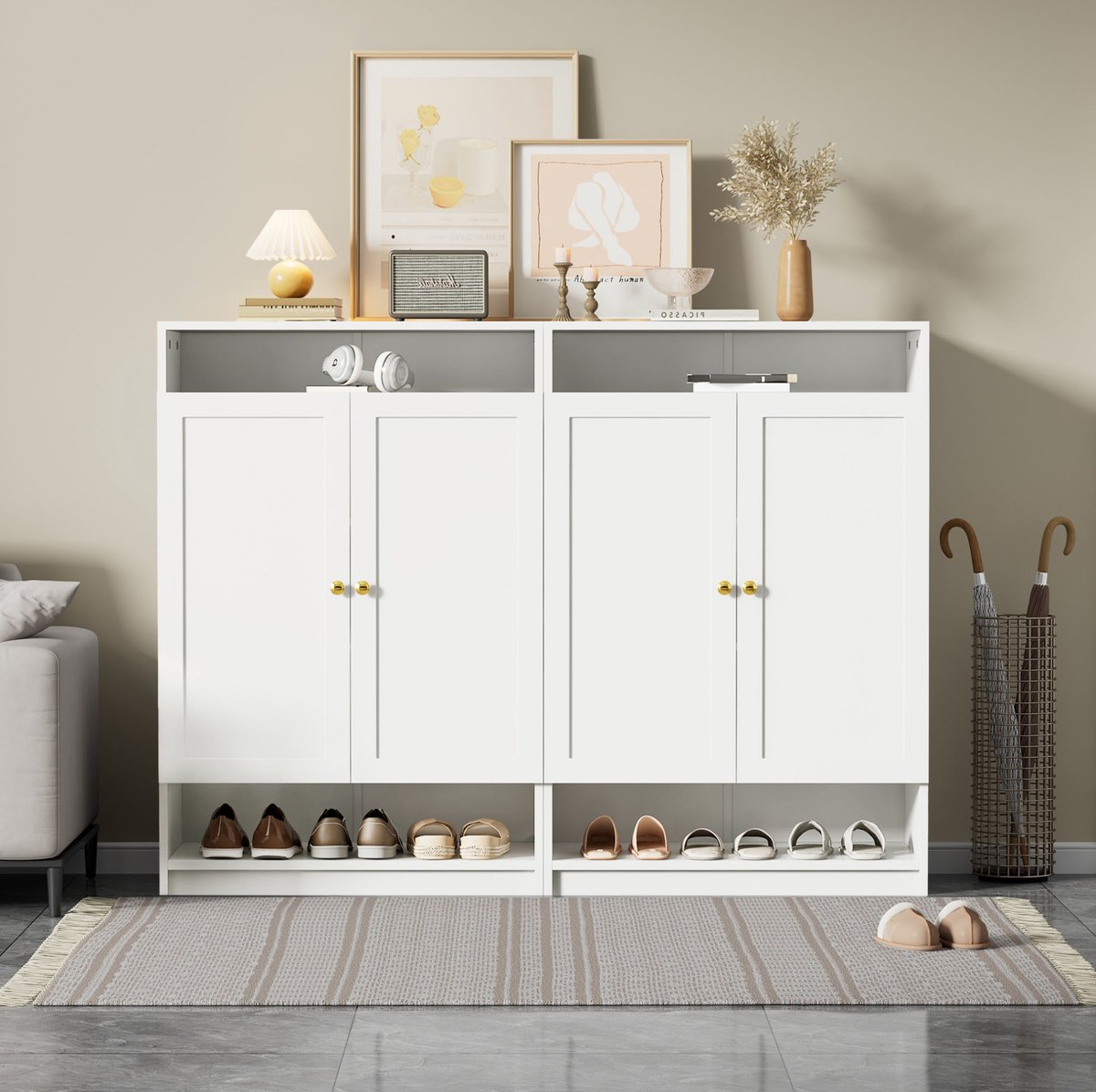 MEUNIQ Schoenenkast 146 x 34 x 109 cm met 2 deuren, verstelbare planken, open vakken en gouden handgrepen, staande opbergkast voor hal of entree, wit