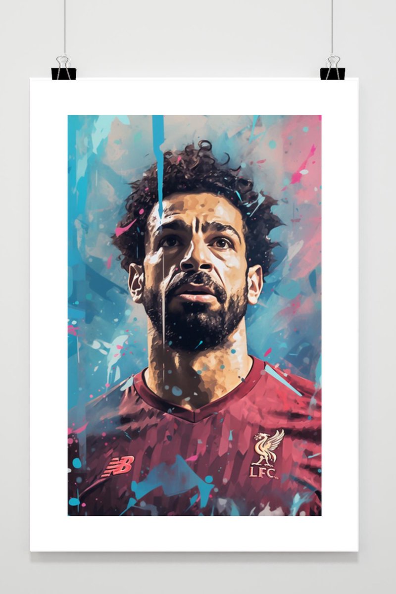 Mohamed Salah Poster - Blauw - Liverpool - Mo Salah Abstract - Voetbal - Wanddecoratie - posters - formaat 30x40cm - BXS742 - Met Witte Rand - passe-partouts stijl