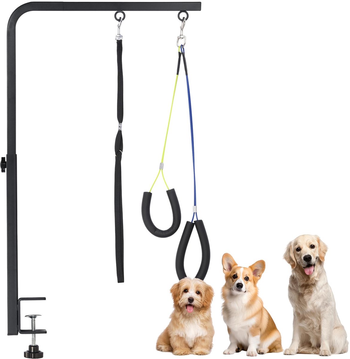 Trimarm voor Honden - Verstelbaar 45-70 cm - Met Tafelklem, Buikband & Bevestigingslus - Voor Vachtverzorging, Drogen & Nagelverzorging
