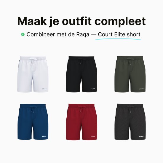 Overzicht van Raqa Court Elite shorts in zes verschillende kleuren: wit, zwart, groen, blauw, rood en donkergrijs.