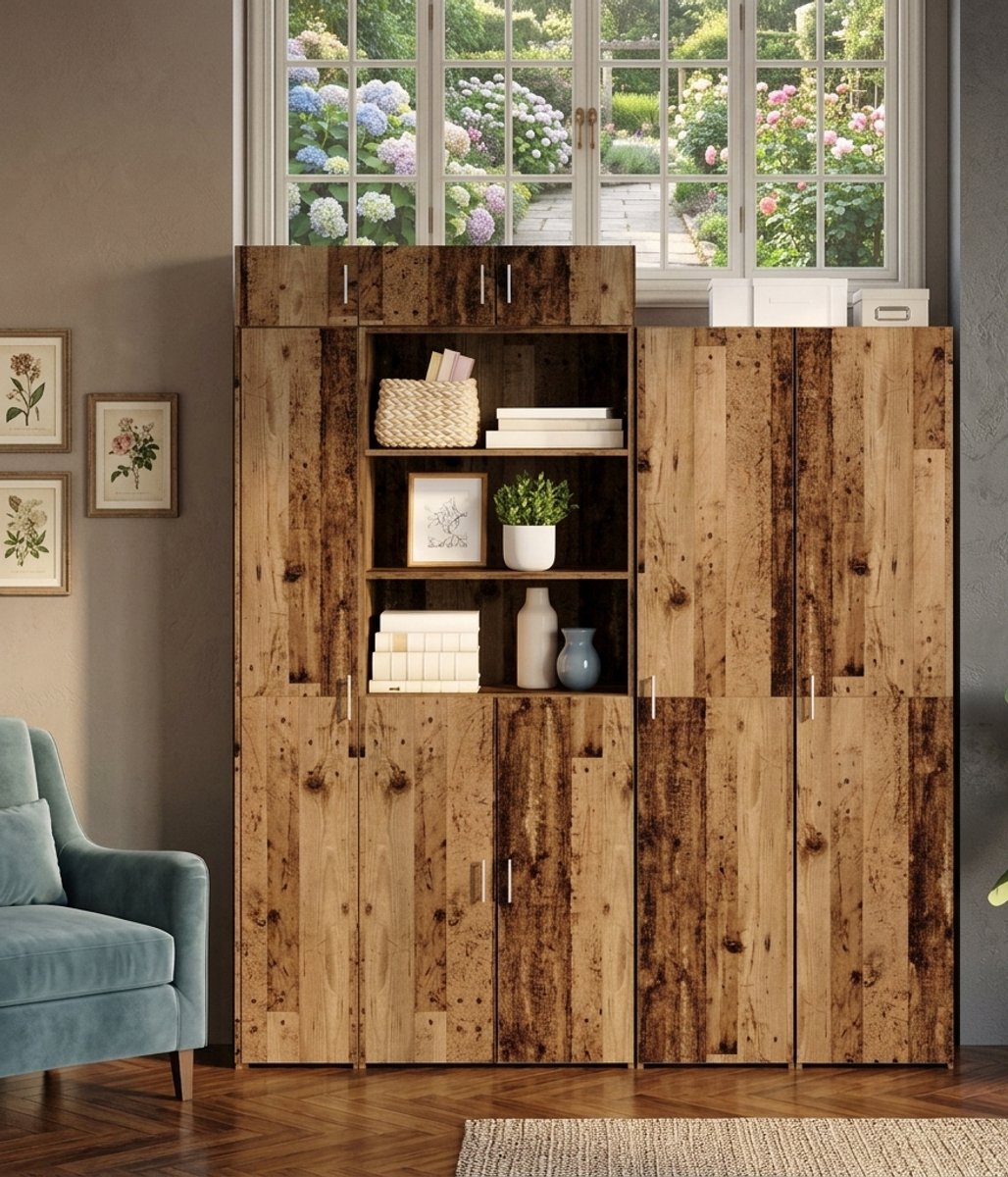 Highboard Oud Hout 185 cm Hoog – NoviHomeStore Smalle Rechthoekige Hoge Kast 40x42,5x185 cm – Moderne Opbergkast Eetkamer met Veelzijdig Plankendesign – Ruimtebesparende Vitrinekast Houtlook – NoviHomeStore