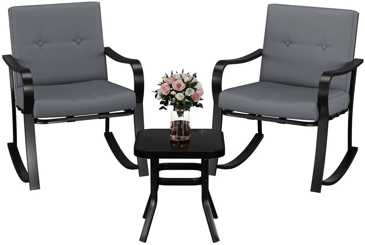 RosaBloom Patio Schommelstoel Set - Loungeset 3-delig - 2 Schommelstoelen met Kussens - Bijzettafel met Gehard Glas - Stalen Frame - Grijs