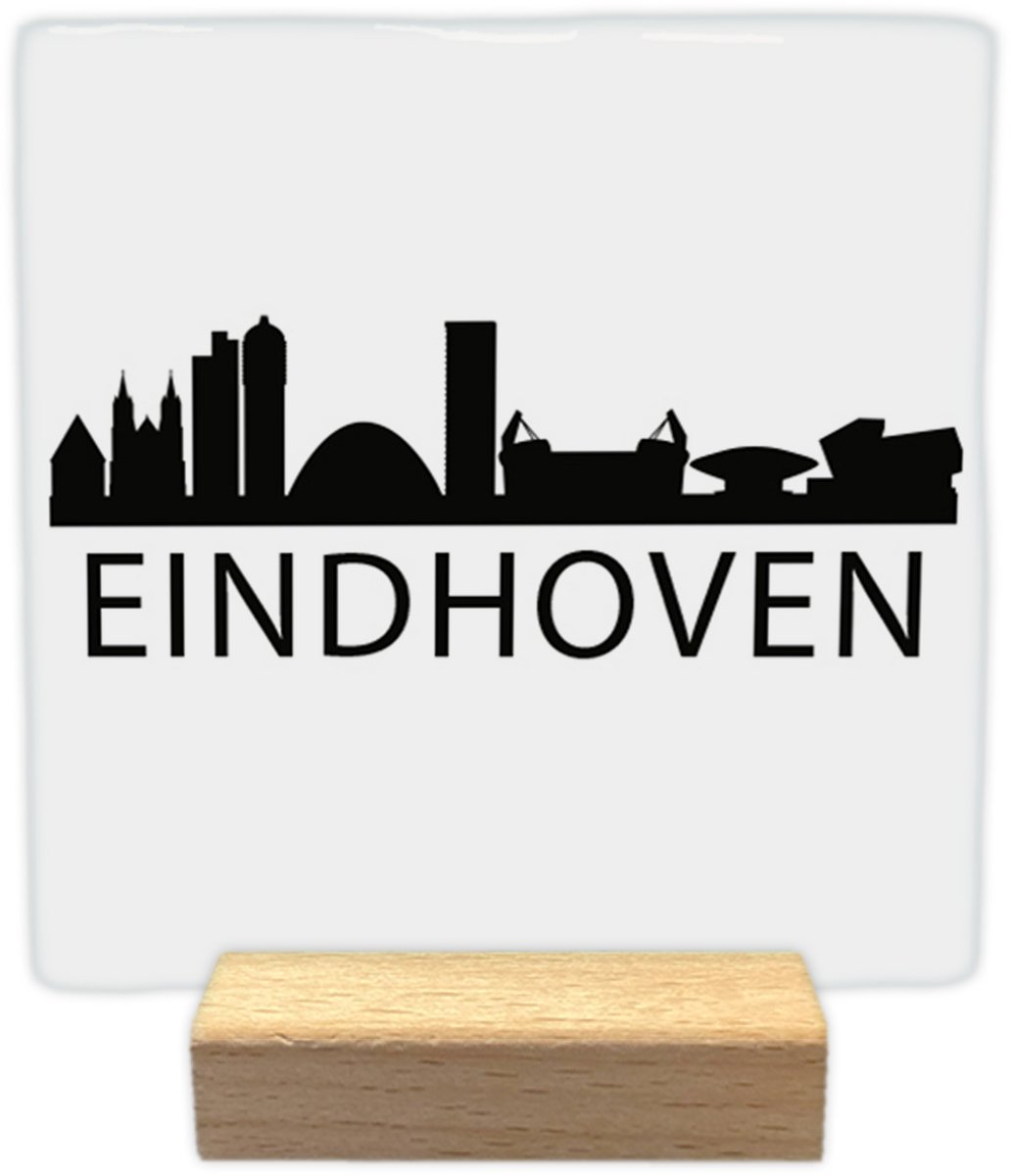 Eindhoven skyline - Keramische decoratie tegel - incl. houten presenteerblok