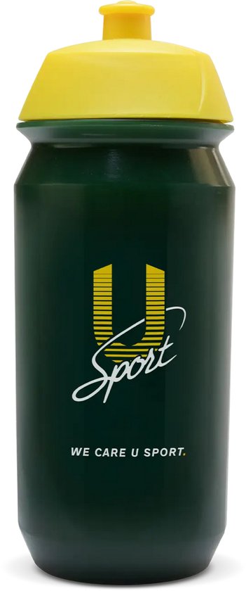 Groene U-Sport bidon met gele dop en opdruk 'U Sport'.