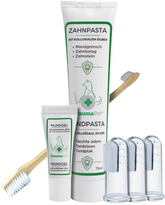 TraumaPet tandpasta en mondgel met zilver, bamboe tandenborstel en vingerborstels