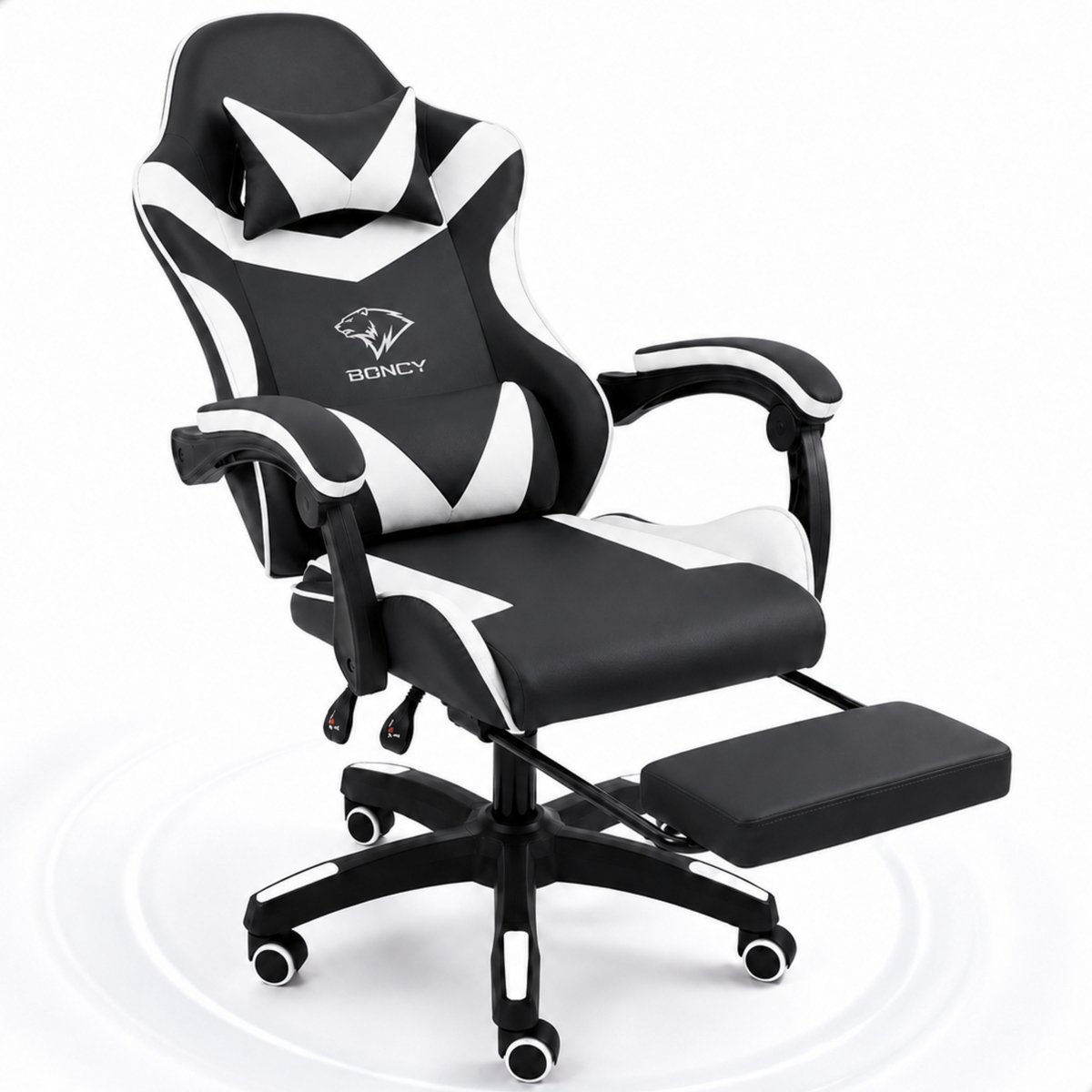 Boncy® Gaming Stoel - Comfortabele Gamestoel met Voetsteun - Game Chair Verstelbaar in Hoogte - 170° Verstelbare Rugleuning - Wit / Zwart
