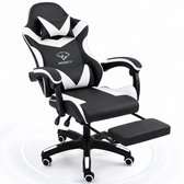 Boncy® Gaming Stoel - Comfortabele Gamestoel met Voetsteun - Game Chair Verstelbaar in Hoogte - 170° Verstelbare Rugleuning - Wit / Zwart