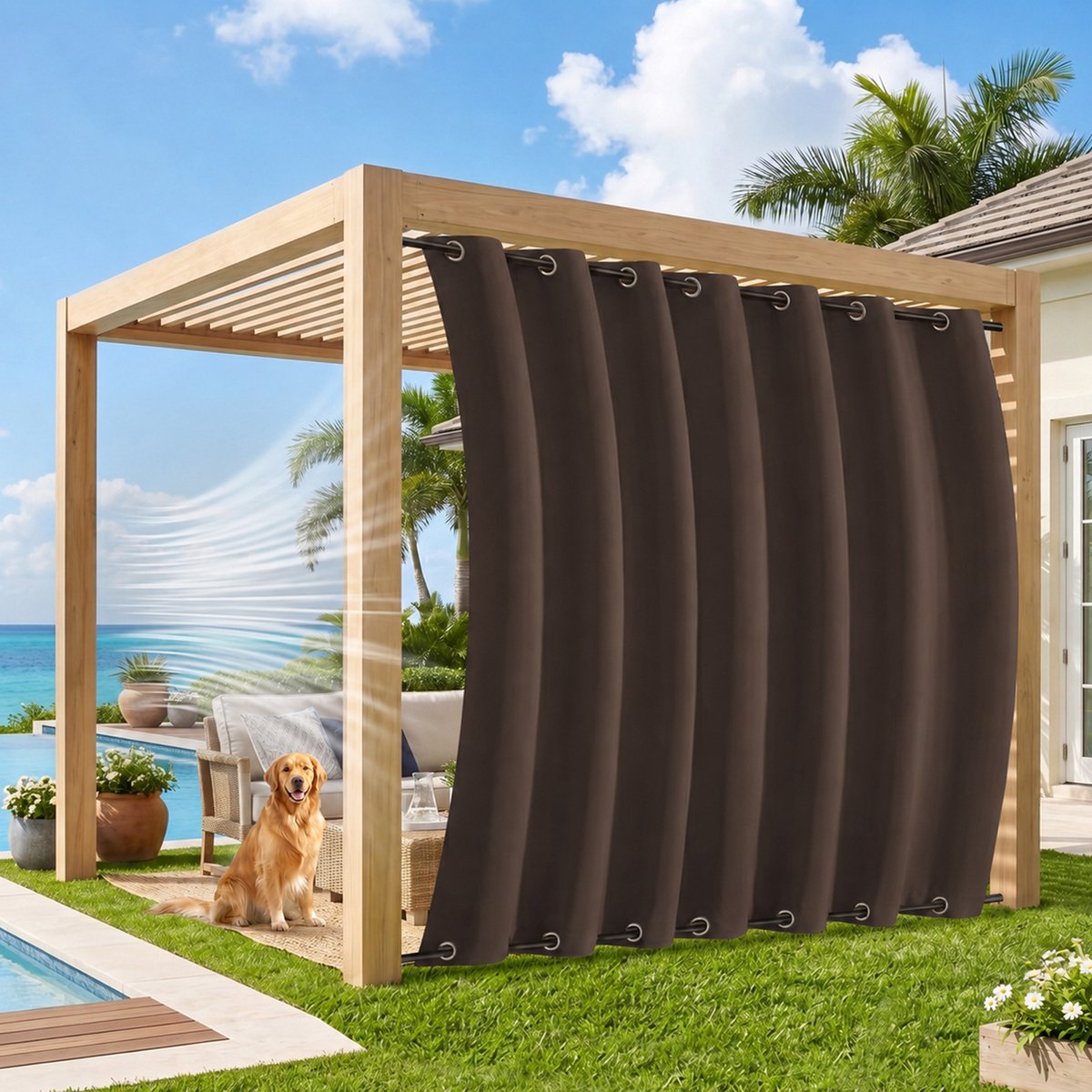 MUPOO Extra Brede Buitengordijnen Waterdicht & Stormbestendig 254cm - Met Dubbelzijdige Bevestiging tegen Wind - Verduisterend & UV Werend - Outdoor Gordijnen voor Terras & Pergola - 254x274 cm - Bruin - 1 Stuk (Rideau Extérieur Imperméable) Bruin-1 stuck