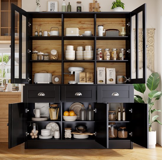MEUNIQ Buffetkast 140 x 38,5 x 175 cm met vitrinedeuren, 3 lades en verstelbare planken, hoge opbergkast voor keuken, eetkamer of woonkamer, zwart