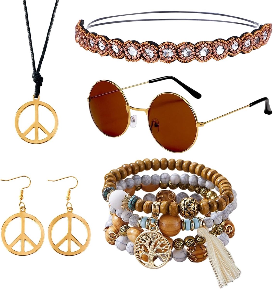 Hippie accessoires voor vrouwen: kostuums, sieraden en zonnebrillen in flower power stijl voor carnaval en feesten