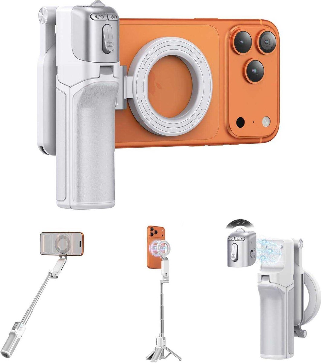 LISM-Magnetische cameragreep Geschikt voor mobiele telefoons, uitschuifbare selfiestick en draagbaar statief Geschikt voor iPhone en Android, met afneembare draadloze afstandsbediening Geschikt voor de sluiter. Ergonomische handgreep - wit.
