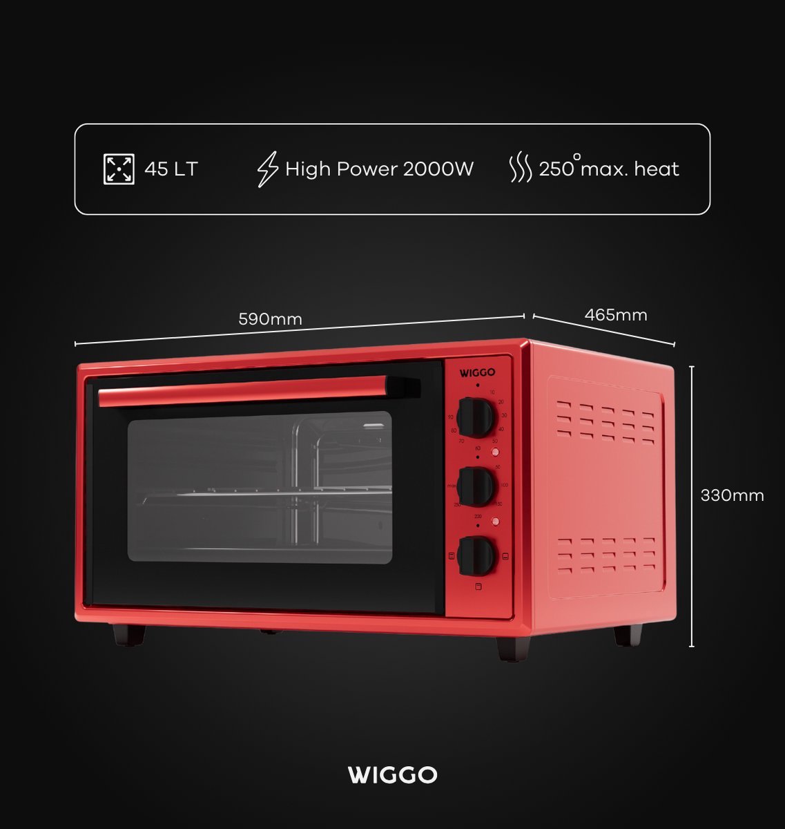 Wiggo WMO-E456(R) - Vrijstaande Mini Oven - Electrisch - 60 CM - 45 liter - 2000 W - 5 Jaar Garantie - Rood – foto 8