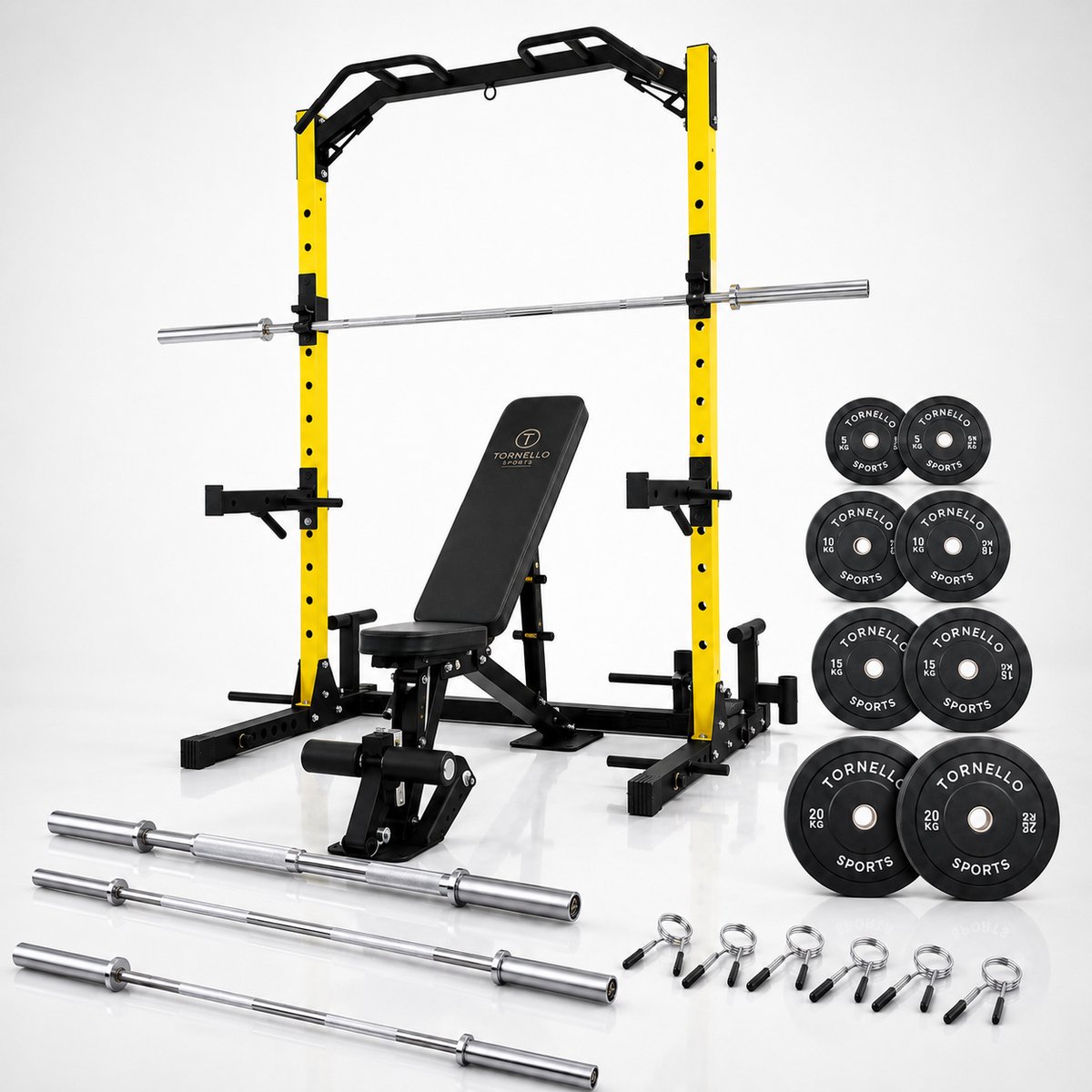 Tornello Sports Verstelbaar Squat & Power Rack Complete Set – Met Fitnessbank, 3 Halterstangen, 150 kg Bumperplaten en Veersloten – Home Gym Krachtstation