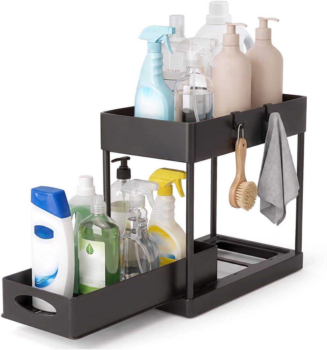 DAITORE Gootsteenkast Organizer - 2-laags - Schuiflade - Uitschuifbare - Keukenkast Organizer met 4 haken - Badkamer & keukenkast - voor Schoonmaakmiddelen - Badkamer Organizer