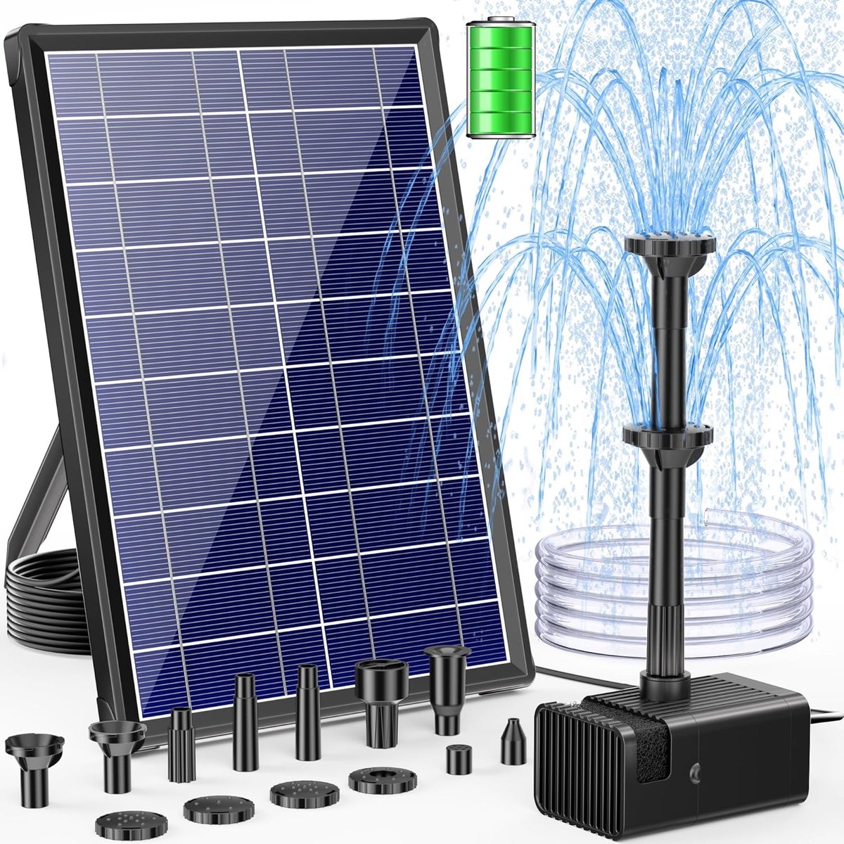POPOSOAP 8 W Buitenzonnefontein met 3600 mAh batterijback-up - Droogloopbeveiliging en sproeistabiliteit - Zonnefontein voor vijver - vogelbad en tuinwaterornament