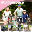 Familie met fietsen en steps, met inzetstukken die de toepasbaarheid op fietsen, driewielers en loopfietsen tonen.