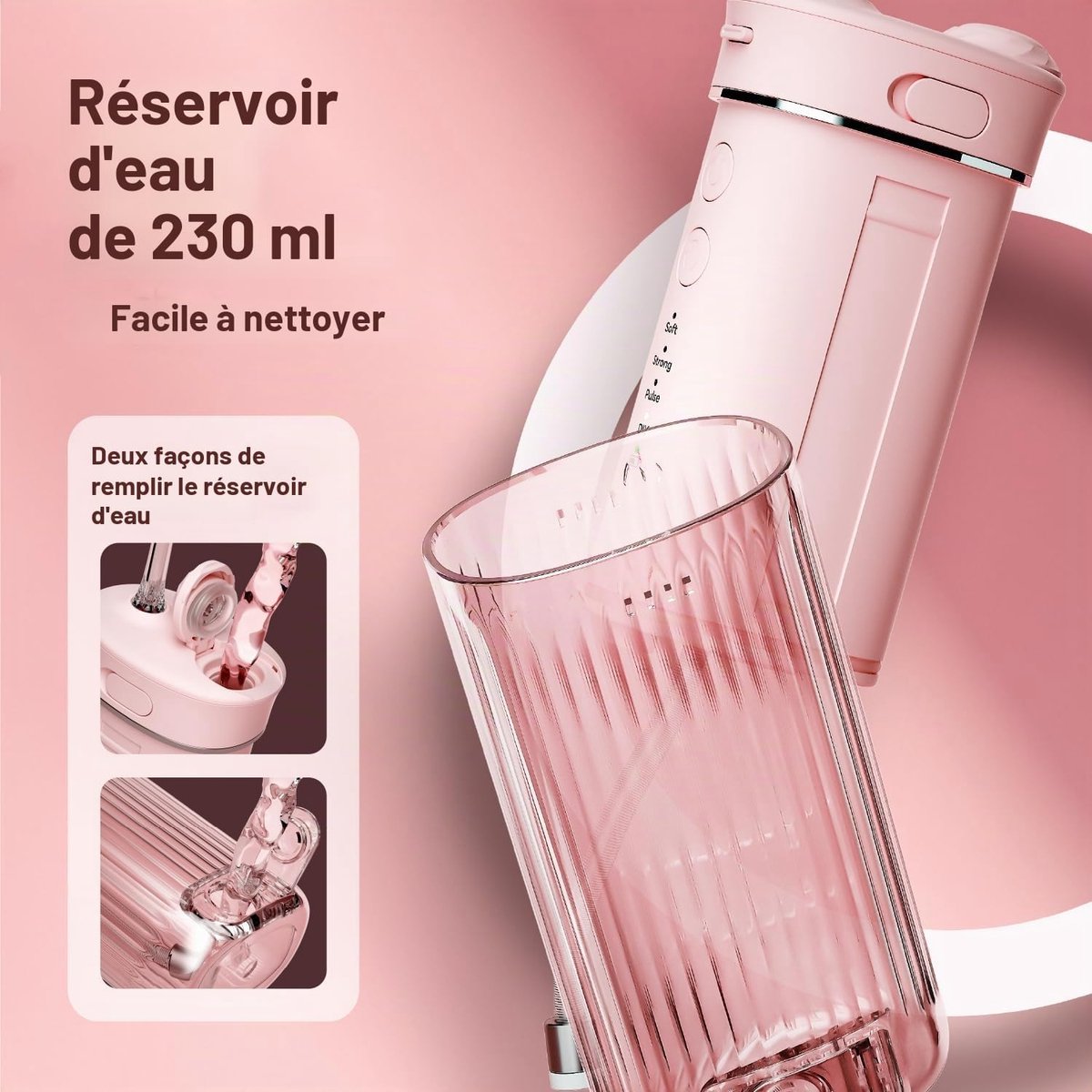 Mini Draagbare Waterflosser – Elektrische Reis Mondirrigator – Tandsteenverwijderaar – met 4 Vervangende Opzetstukken – 4 Modi – 230 ml Intrekbaar Waterreservoir – IPX7 Waterdicht – (Roze) thumbnail 3