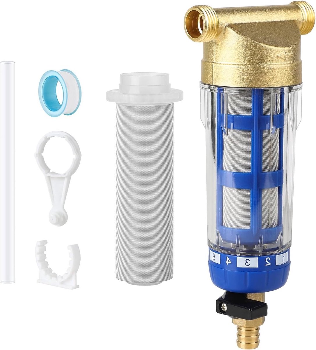 Herbruikbaar en spoelbaar fijnfilter, spin-down sedimentwaterfilter met vervangfilter, ijzerfilter voor bronwater en kraanwater (1/2'')