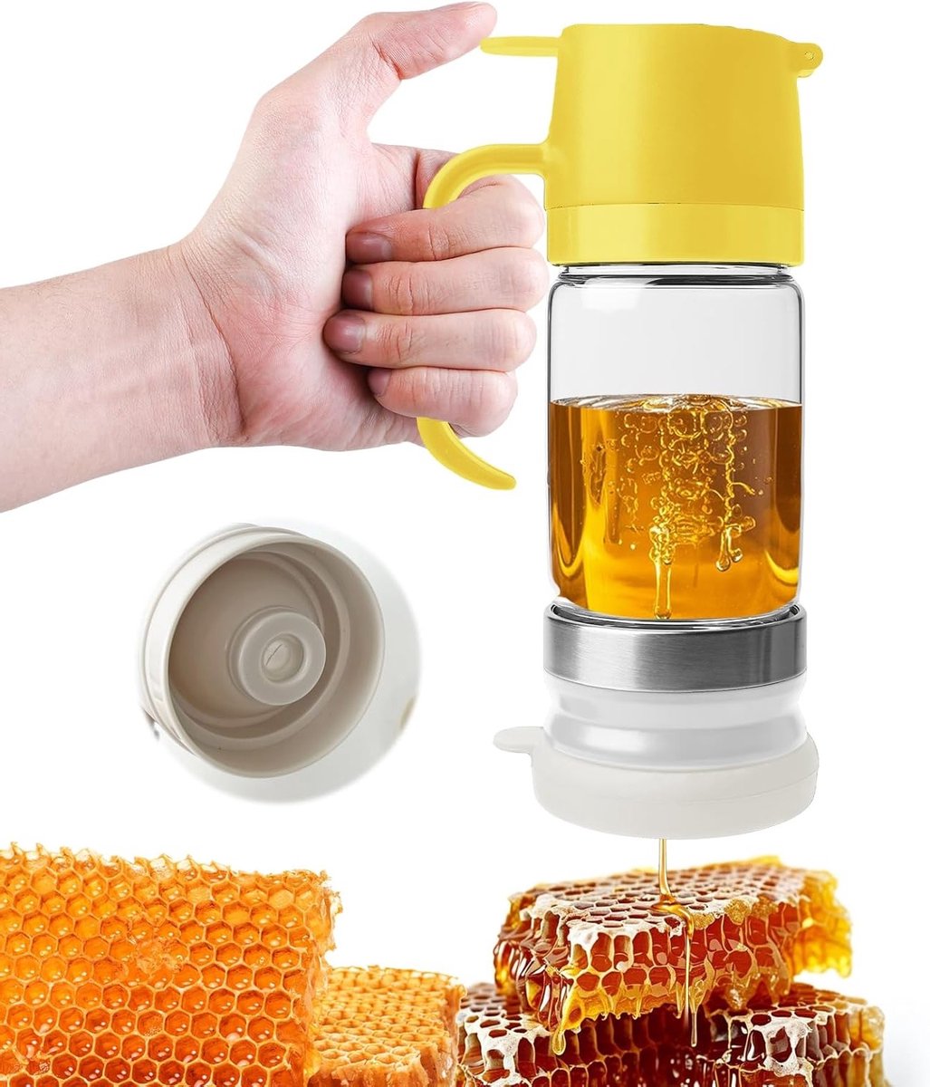Drupvrije glazen honingdispenser van 300ml met handvat, ideaal voor honing, siroop en jam, met afneembare deksels