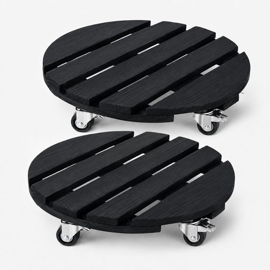 Twee zwarte houten plantentrolleys met vier metalen wielen.