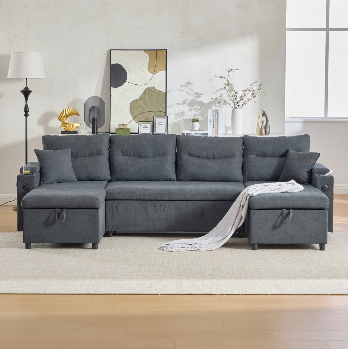 DESMIU U-Bank 272 Cm - 4-Zits Met Dubbele Chaise Longue, Opbergruimte, Bekerhouders En USB-C - Voor Woonkamer - Linnen Donkergrijs