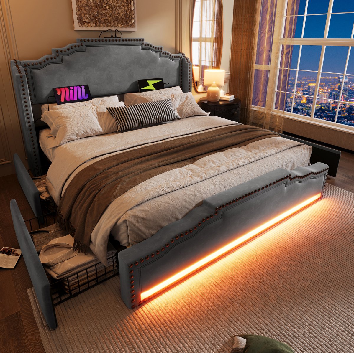 MIVRAY Gestoffeerd Bed 180x200 cm - Tweepersoonsbed met 4 Laden en Ledverlichting - Zonder Matras met USB C Oplaadpunt - Fluweel - Grijs