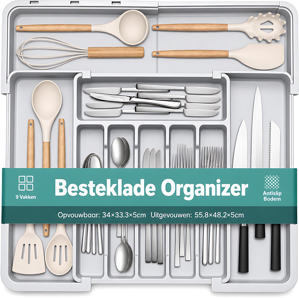Bestekbak voor Lade met Messenhouder - Bestek Organizer Lade - Keukenlade Organizer - Bestekbak met Vakken - Keuken Bestek Opberger Grijs